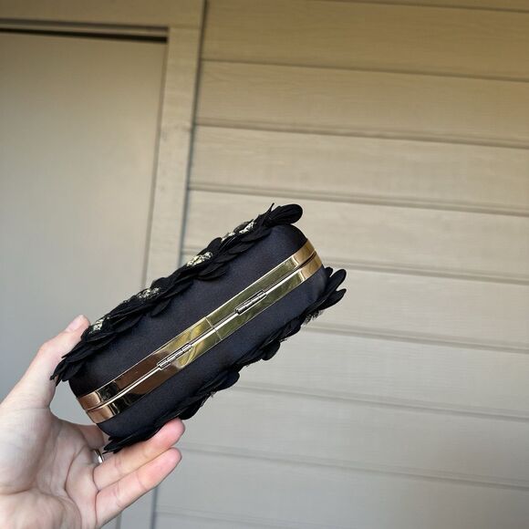 Anne Fontaine Handcrafted Beaded Floral Evening Bag  Clutch Floral Black Gold - Picture 4 of 11